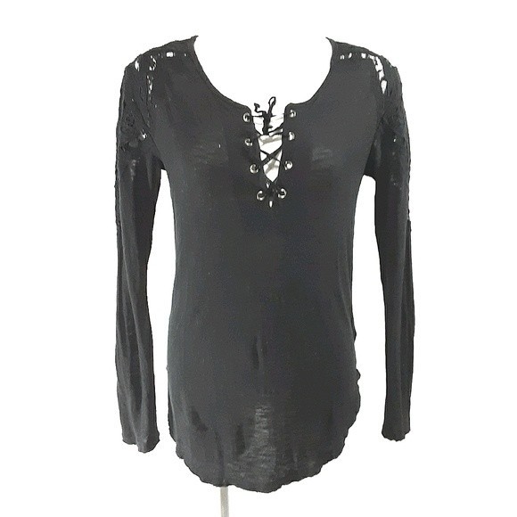 Free People Jennie Tee Black Crochet Trim Lace Up Long Sleeve Top Small Boho - Picture 3 of 10